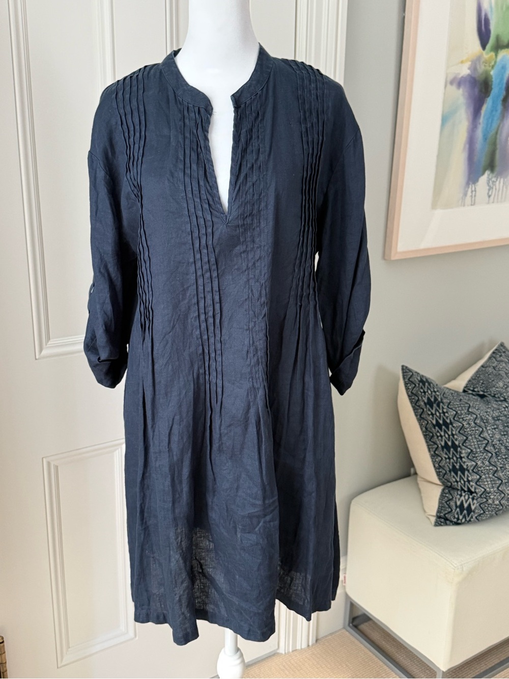 Women's Navy Linen Pintuck Mini Dress